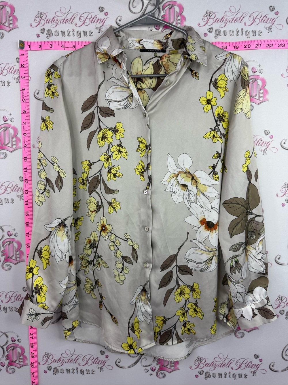 T Tahari Beige Floral Button-Down Shirt with Yellow Accents